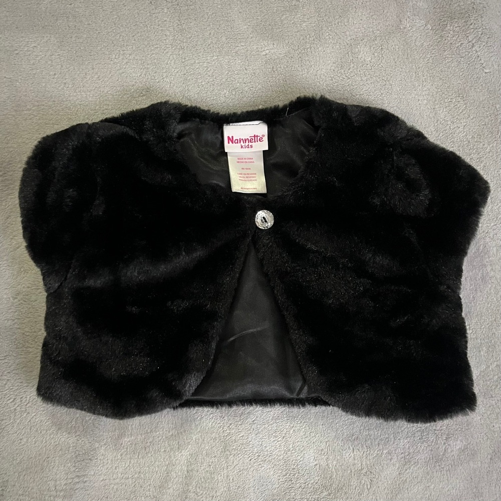 Nanette Kids Size 5 Faux Fur Black Shrug Bling Diamond Closure Bolero Glam Chic
